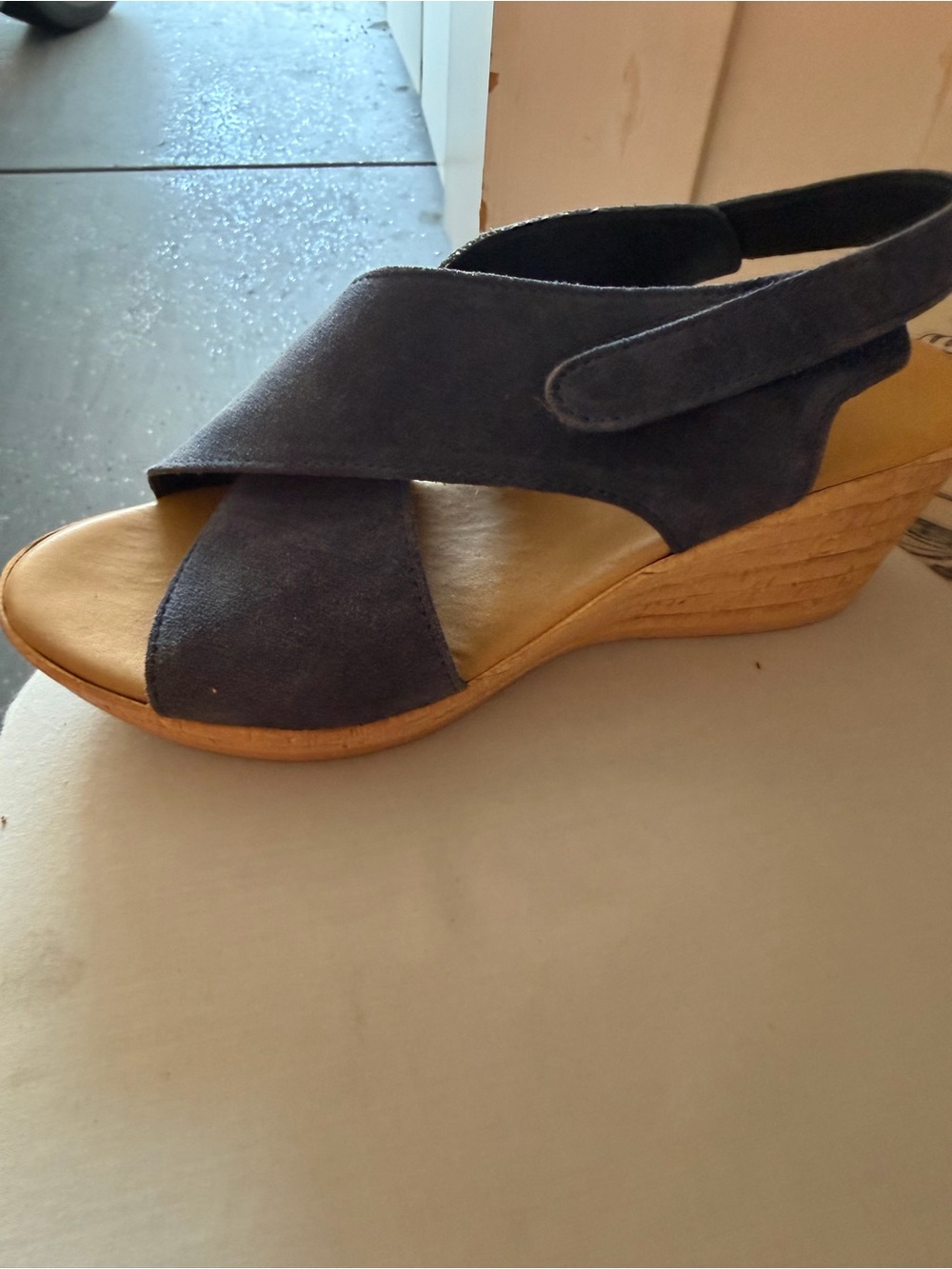 Mila Paoli Navy Suede Crisscross Slingback Wedge Sandal